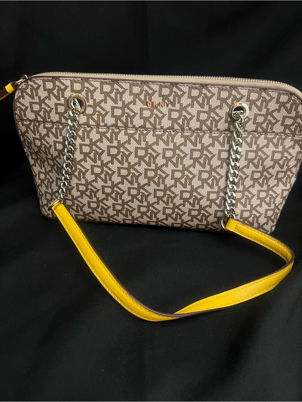 DKNY Tan Monogram Shoulder Bag with Yellow Leather Strap